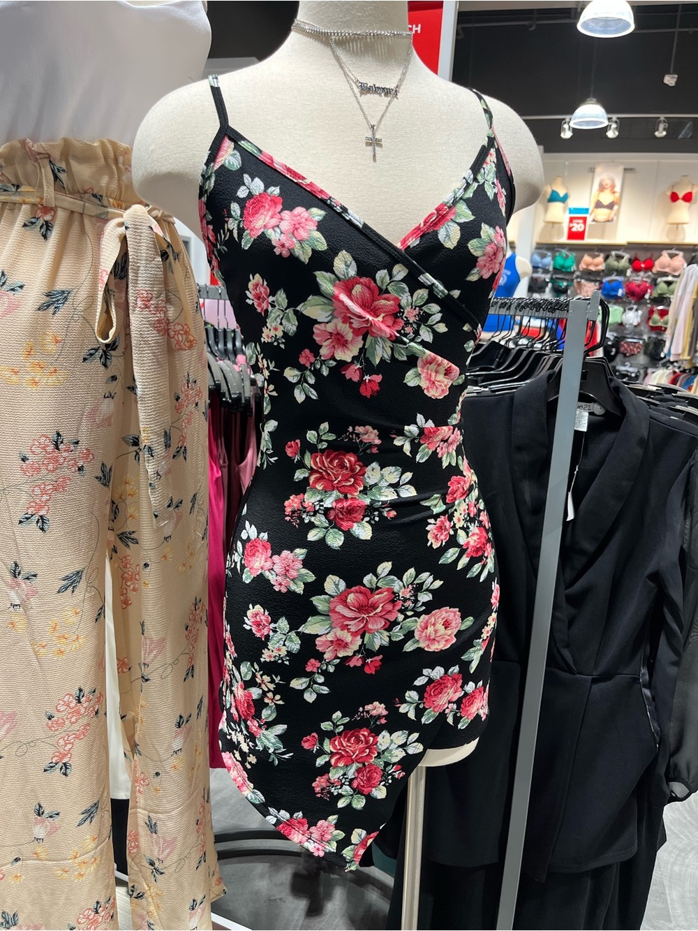 Floral Wrap Bodycon Dress - Black with Pink Rose Print
